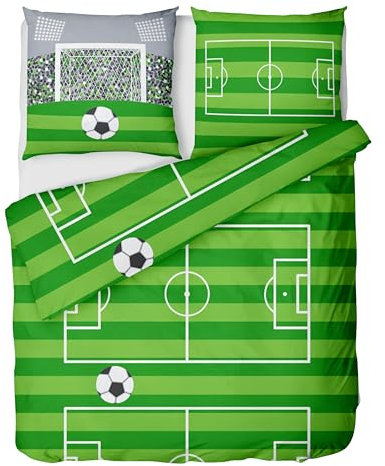 LINKHOFF Fußball Bettwäsche 135x200 cm - Kinderbettwäsche Fußballmotiv in Grün - Bettwäsche-Set für Kinder mit Reißverschluss - Biber 100% Baumwolle - Jungen Jungs