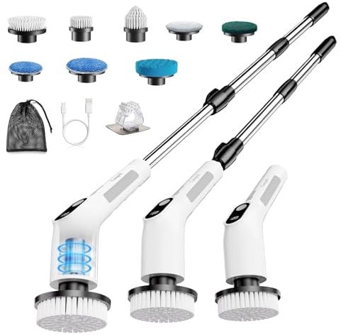 Cusopeh Brosse Rotative Nettoyage Electrique 8 en 1, Rechargeable Brosse Nettoyage Salle de Bainavec Manche Réglable, 2 Vitesses réglables,pour Salle de Bain, Cuisine et Voiture,Blan