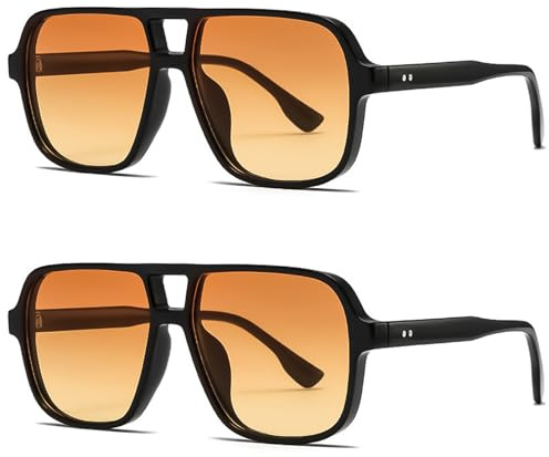 LOJUDI Retro 70s Sunglasses Womens Mens - Pilot Square Tinted Lens Oversized Vintage Ladies Sun Glasses Trendy Shades for UV400 Protection-Black/Orange+Black/Orange