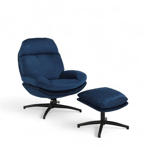 Stunning Chairs Velvet Blue Swivel Armchair and Footstool Set for Living Room - Comfy Padded Swivel Accent Chair with Footstool Set, Blue Spinny Chair No Wheels for Bedroom, Office, Relaxing - BRENNA