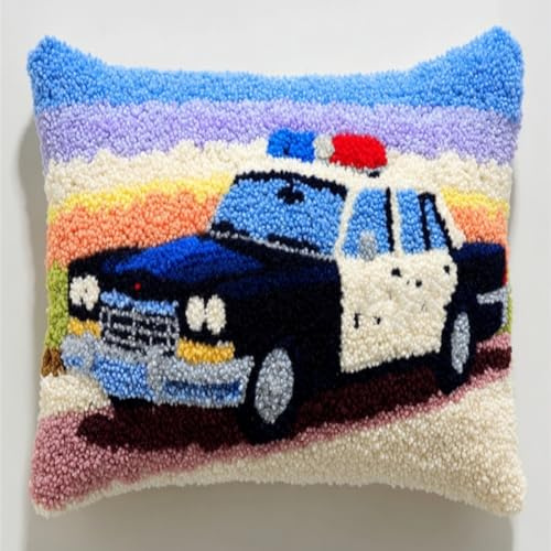 RKFLGEW Diy Knüpfkissen Set Cartoon-Polizeiauto Knüpfhaken-Kissen-Set，Diy-Kissenbezug Zum Basteln，Bedruckte Leinwand Für Anfänger，Stickerei，Bastelkissen 43x43cm