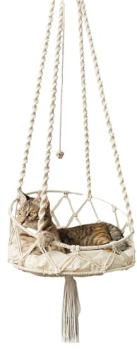 Cat Hammock – Cotton Hand Woven Macrame Hanging Swing Bed | Soft Cushion Resting Lounger | Bohemian Indoor Outdoor Cat Cradle for Sleeping Playing Climbing Relaxing Tassel Planter Style