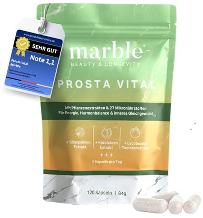 marble® Prosta Vital – Prostata Komplex Kapseln - 120 Kapseln vegan - Zink für den Erhalt normaler Testosteronspiegel + Sägepalmenextrakt, Kürbiskernextrakt, Lycopin & Ashwagandha KSM-66