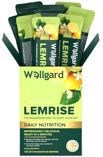 Wellgard Lemrise Super Greens Powder - 30+ Superfoods, 15 Vitamins & Minerals, Live Cultures & Mushrooms, Spirulina, Barley Grass & Lion's Mane, Vegan Daily Greens Drink, Lime & Mint, 20 Sachets