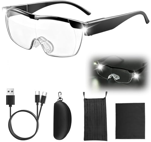 Magnifying Glasses with Light, 300% Magnification Glasses Anti Blue Light | Magnifying Glasses for Hobbies Close Work Reading Books Craft, Hands Free USB Rechargeable Head Magnifier LED Reading Glasses