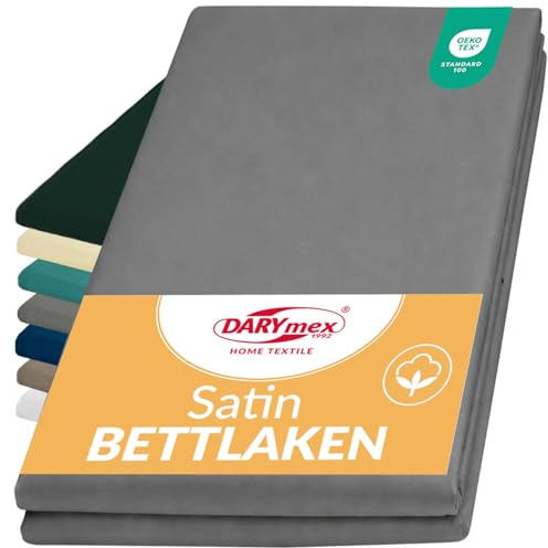 DarymexLaken ohne Gummizug, Baumwoll-Satin, 200x220 cm, Hellgrau | Flaches glattes Betttuch, glänzendes Baumwolllaken, Satin-Bettwäsche, pflegeleicht, waschbar 60°C