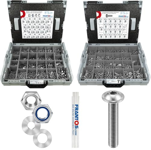 FRANTOS L-BOXX Schrauben Muttern Sortiment 9.215 tlg. (Edelstahl A2) Set aus ISO 7380-2 Linsenkopfschrauben + Sechskantmuttern, Stoppmuttern & Unterlegscheiben inkl. Meterstab