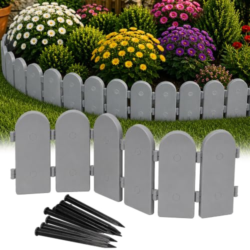 GARDENIX 2.4m Gartenpalisade Holzoptik, Beeteinfassung Grau, Kunststoff, Flexible Rasenkante zum Stecken, 12 Erdanker, Beetumrandung Holz, Beetbegrenzung, Gartenzaun für Blumenbeet, Beetzaun