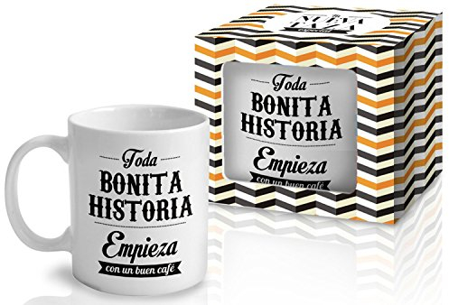 Taza Cerámica para Desayuno en Color Blanco de 300 ml, Un Regalo Original con Frases Motivadoras - Toda bonita historia empieza con un buen café