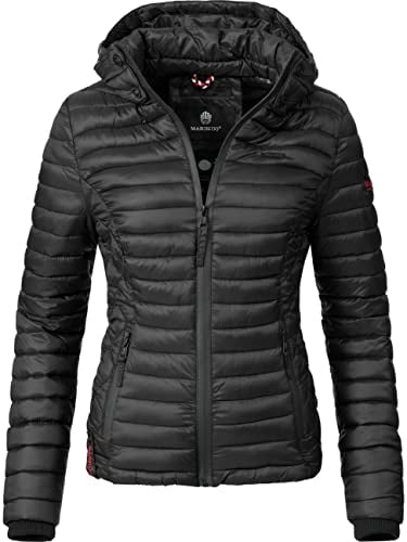 MARIKOO leichte Damen Übergangsjacke kurz mitteldick gefütterte Steppjacke mit Kapuze Samtpfote Schwarz Gr. XXL