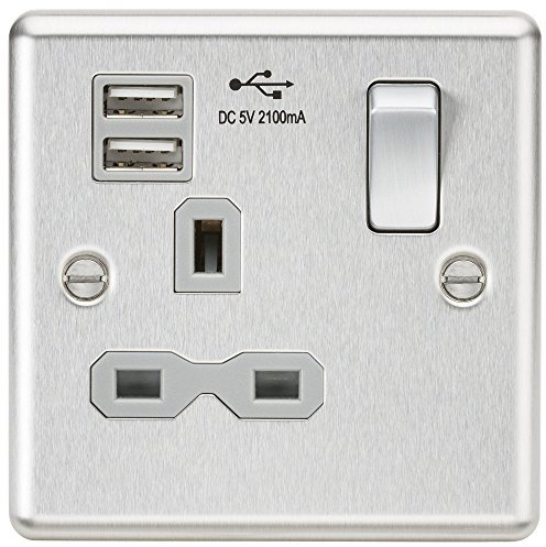 Knightsbridge CL91BCG 13A 1G Switched Socket Dual USB Charger Slots with Grey Insert - Rounded Edge Brushed Chrome, Silver