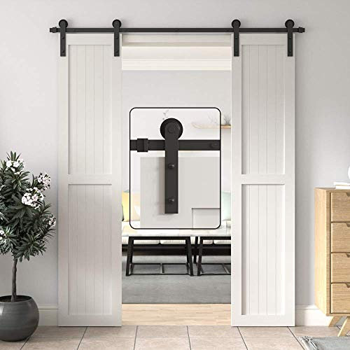 WINSOON 200cm Sliding Door Track Barn Sliding Door Kit for Double Wood Door, Frosted Black Carbon Steel I Shape Hanger
