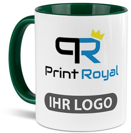 Tassendruck Firmen-Tassen 6 Stück mit eigenem Logo gestalten - Geschenke zum Firmenjubiläum, für Kollegen, Merchandise, B2B | Personalisierte Fotogeschenke, Innen & Henkel Dunkelgrün, 300 ml