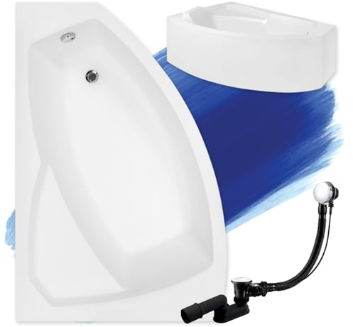 BADLAND Badewanne Original Weiß Acryl Wanne Eckbadewanne RIMA 170x110 Links KOMPLETTSET SET mit Weiß Acrylschürze + Füßen und Exklusive Chrom Automatik Ablaufgarnitur Made in EU 4in1