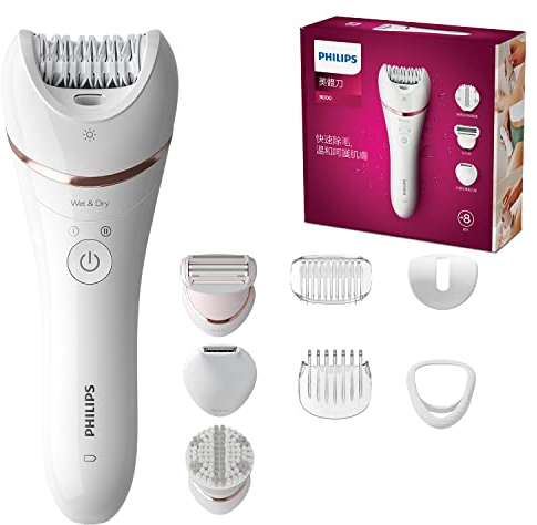 Philips Epilator Series 8000, Cordless Wet and Dry Epilator for Legs and Body, Hair Removal Device, with 8 Accessories, Shaver, Trimmer and Body Exfoliator, Model BRE735/01