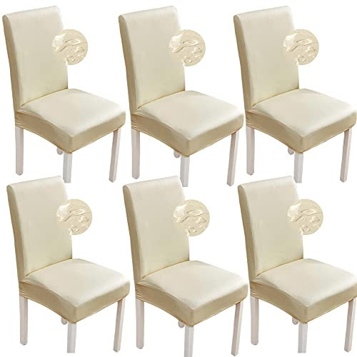 Bestenrose Stuhlhussen 6er/4er PU Leder Stuhlbezug wasserdichte Stretch Esszimmer Stuhlüberzug Stretch Stuhl Husse Universell Stuhlhussen Haus Büro Restaurant (6-Stück, Beige)