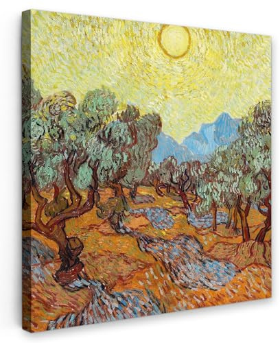 MuchoWow Leinwand Bilder, Einzigartige Wanddeko mit Rahmen, Olivenbäume mit gelbem Himmel und Sonne - Vincent van Gogh, Wandbilder Wohnzimmer, Deko Schlafzimmer 90x90 cm