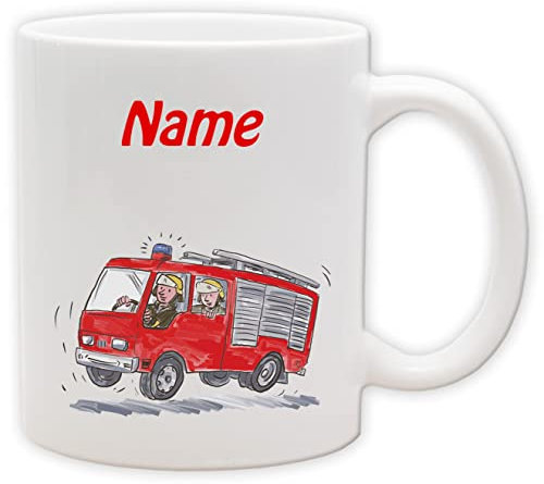 Texmacher Kindertasse - Becher mit personalisiertem Namen und Motiv - Spülmaschinenfest und beidseitig bedruckt (Feuerwehr_Henkel&Innen_Weiss)