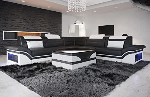 Sofa Brianza in der L-Form als Ecksofa mit LED-Beleuchtung Kopfstützen optionale Bettfunktion Ledersofa als Schlafsofa möglich (mit Bettfunktion (ausziehbar), Schwarz-Weiß)