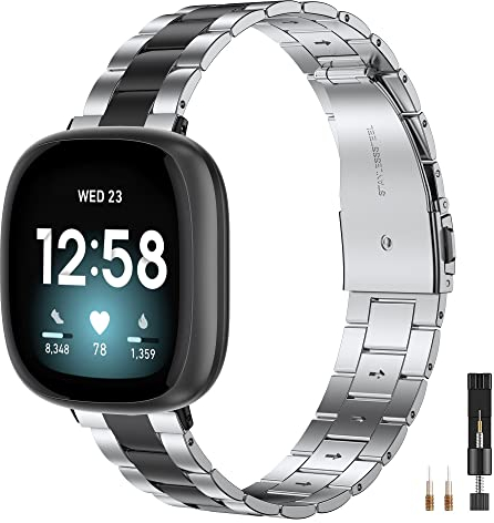 Wearlizer Armband Kompatibel mit Fitbit Sense/Versa 3/Versa 4/Sense 2 Armband Damen, Metall Edelstahl Ultra-Thin Ersatz Armbänder für Frauen, Armband für Versa 3 Smart Watch, Schwarz Silber