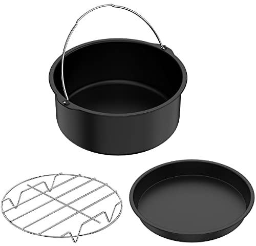 3Pcs Air Fryer Pizza Pan and Cake Barrel with Steam Rack 7 inch Food Grade Steel Nonstick Coating Baking Pan Air Fryer Cake Barrel Universal Air Fryer Accessories Fit 3QT Air Fryer and Larger