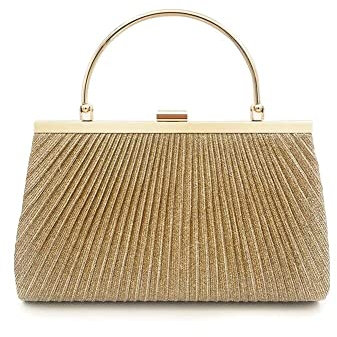 Women's Shiny Elegant Pleated Evening Clutch Bag With Handle And Chain Strap For Wedding Bridal Prom Party Clutch Dinner (Gold)