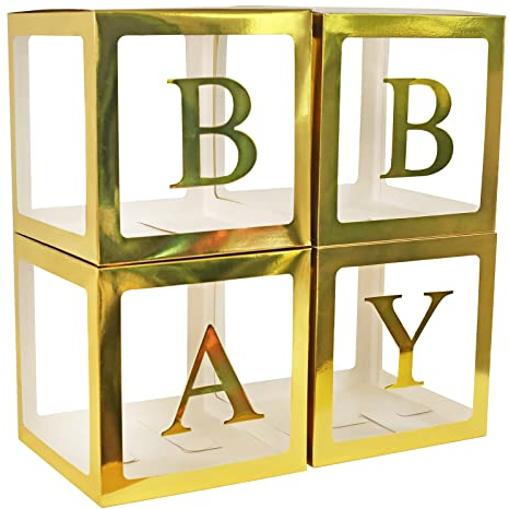 Baby Dusche Dekoration Boxen für Jungen Mädchen, 4Pcs Gold transparente Ballon Boxen Baby Buchstaben Dekorativ