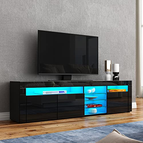 Senvoziii LED Fernsehschrank Modern Hochglanz mit 3 Türen + Glasböden, TV-Board für TV (180x35x53 cm) – Stauraum Möbel für Wohnzimmer, Schwarz