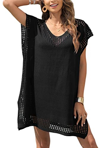 Codkkre Damen Gestrickte Strandkleid Sommer Kurz Knielang Badeanzug Bikini Cover Up Strandponcho V-Ausschnitt Sexy Beachwear Cutout Crochet Cover Ups, Schwarz