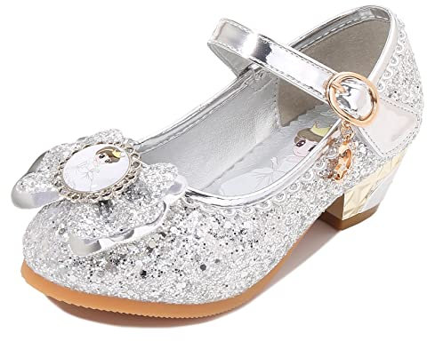 Eleasica Principessa Elsa Bambina Scarpe con Tacco Alto Ragazze Cenerentola Cerimonia Compleanno Sandali Paillettes Carnevale Partito Halloween Bimba Ballerine,Argento 2,35