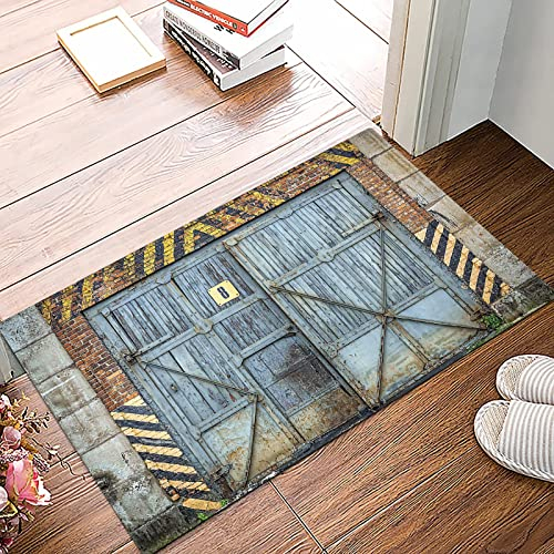Badematte 50x80cm, Rutschfeste Badteppich, Industrial Set, altes altes Fabrik-Holztor mit Warnschildern Industrial Change,Mikrofaser Badvorleger mit, Wasserabsorbierende Weiche teppiche für Badezimmer