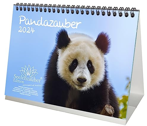 Pandazauber DIN A5 Tischkalender für 2024 Panda - Geschenkset Inhalt: 1x Kalender, 1x Weihnachts- und 1x Grußkarte (insgesamt 3 Teile)