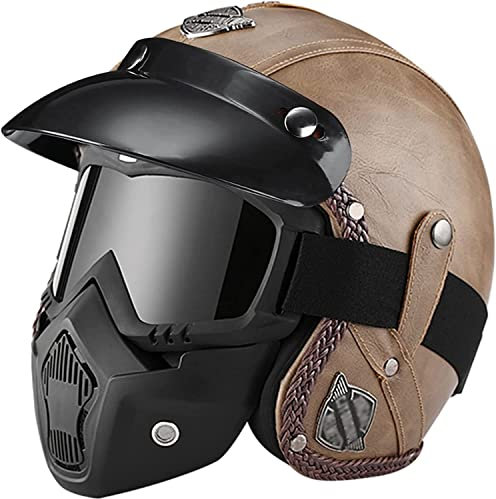Retro-Jethelm mit Maske und Schutzbrille Motorradhelm mit offenem Gesicht und abnehmbarer Krempe Sturzhelm für Erwachsene DOT/ECE-zugelassener Halbschalenhelm für Männer und Frauen B,XL(61-62CM)