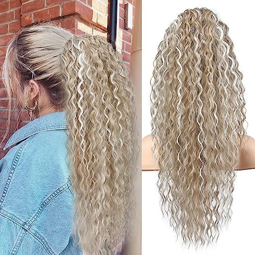 FLUFYMOOZ Ponytail Extension Pferdeschwanz Verlängerung, 66 cm Pferdeschwanz Haarverlängerung im Bohemian-Stil mit Kordelzug für Frauen (66 cm Hellblond mit weißblonden Strähnchen)