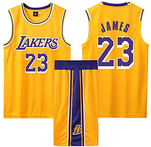 2-Teiliges Kinder/Erwachsene Basketball Jersey,Kinder/Erwachsene ärmelloses Basketball Jersey,Kinder/Erwachsene Basketball Trikot # 23 Sportswear T-Shirt Weste Gelb L