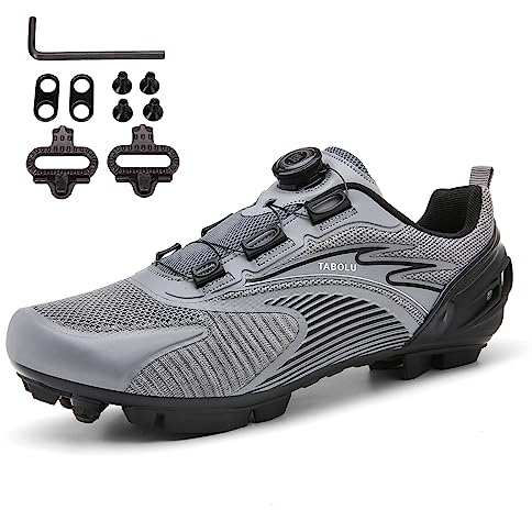PENXZT MTB Schuhe Herren Radschuhe Mountainbike Fahrradschuhe Kompatibilität Look SPD SPD-SL Delta Lock Pedal atmungsaktiv Cycling Shoes,Grau,44 EU