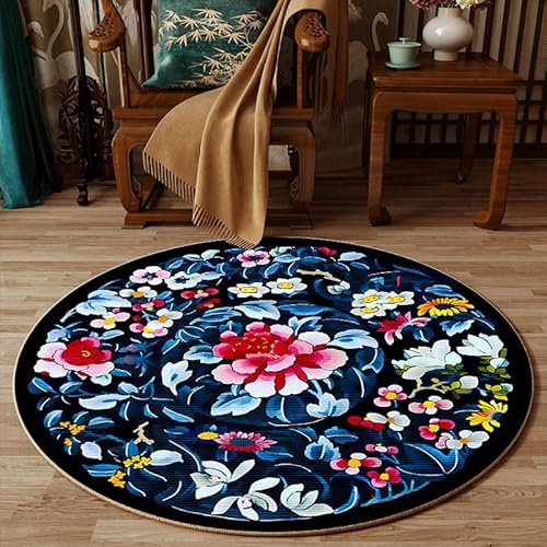 Highdi Tapis Rond Salon Style Chinois Moderne Tapis de Sol Décoration Antidérapant pour Salon Chambre Cuisine Balcon Terrasse Salle à Manger Intérieur & Extérieur (120cm,Fleurs Bleu Marine)