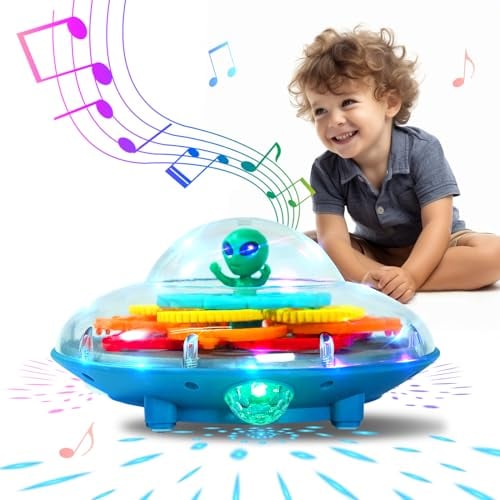 Juguete de engranaje transparente con platillo volador iluminado con música, juguete eléctrico giratorio de 360°, juguete mecánico para caminar, juguete educativo de dibujos animados con luz