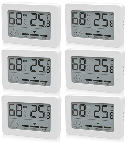 Digital Thermometer Hygrometer Innen - 6er Mini Luftfeuchtigkeitsmesser Raumthermometer Innen mit Smiley-Indikator, Temperatur und Zimmerthermometer für Babyraum Wohnzimmer Raum Büro, Weiß
