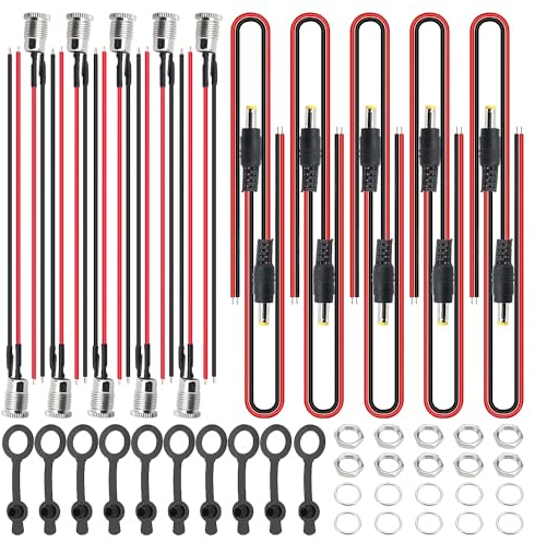 YIXISI 5.5 x 2.1 mm DC Mount Adapter Set, 10 Stücke DC-099 DC Power Jack Socket mit Kabel, 10 Stücke DC Stecker Pigtail Kabel, mit Wasserdichter Abdeckkappe, für Audio Video Handy Überwachungskameras