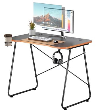 Properav Computer Study Desk Black for Home Office PC Monitor Laptop Gaming with Headphone Hook & Cup Holder