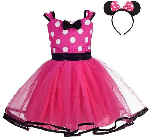 Lito Angels Vestito Costume Minnie per Bambina con Cerchietto, Taglia 7-8 Anni, Rosa Caldo Pois (Etichetta in Tessuto 160)