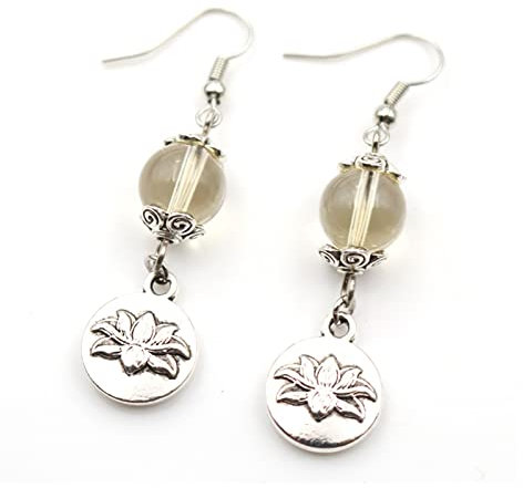 Einzigartige versilberte Lotusblume, Rosenquarz, runde Perlen, Ohrringe, grüner Fluorit-Stein, Schmuck, Ohrringe, Ohrstecker-Set für Frauen (Größe: Citrin) (ein schwarzer Lavastein)