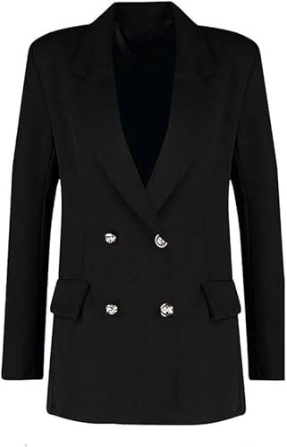 New Womens Gold Button Double Breasted Duster Coat Ladies Long Sleeve Lapel Collared Jacket Formal Office Work Suit Blazer Top for Winter Fashion Plus Size UK 16-18 Black
