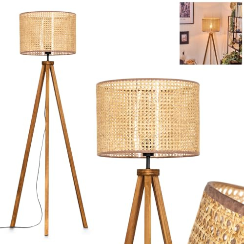 Stehleuchte Barcos, Stehlampe aus Holz/Wiener Geflecht/Rattan in Naturfarben/Schwarz, Leuchte im skandinavischen Design mit rundem Schirm (Ø 40cm) u. Fußschalter, Höhe 154cm, 1x E27, ohne Leuchtmittel
