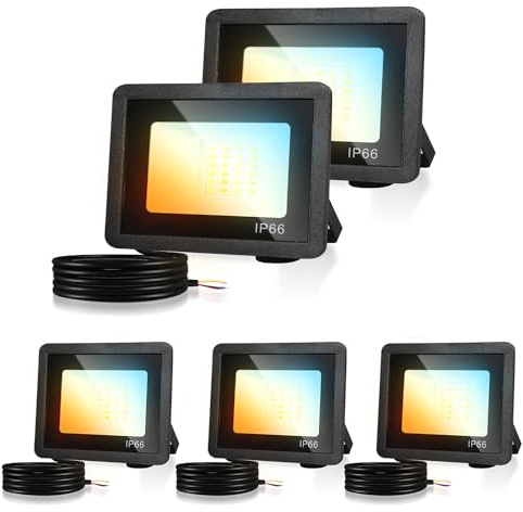 Herrselsam LED Strahler Außen 5 Stücke 30W, 3000K/4500K/6500K LED Strahler Dimmbar, Superhell 2800LM LED Scheinwerfer, IP66 Wasserdicht Fluter für Hof Garten Garage (kein Stecker)