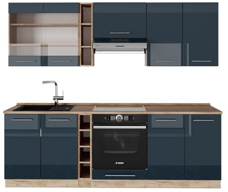 Vicco Küchenzeile Fame-Line, Dunkelblau Hochglanz/Goldkraft Eiche, 235 cm, AP Eiche