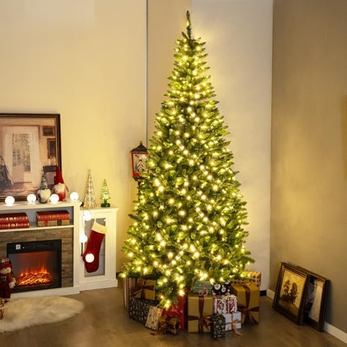 COSTWAY 240 cm Künstlicher Weihnachtsbaum mit Beleuchtung für 270° Ecke, Tannenbaum mit 360 warmweißen LED-Lichtern, Christbaum mit Scharnierstruktur, Kunstbaum Weihnachten für Zuhause