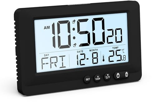 OQIMAX Wecker Digital, Batteriebetriebene Tischuhr mit LCD Display, 12/24 Stunden, Kalender, Temperaturanzeige, Reisewecker mit 2 Alarme, Schlummerfunktion, Digital Uhr für Schlafzimmer Home Office
