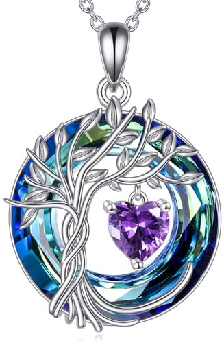 POPLYKE Lebensbaum Geburtsstein kette für Damen 925 Sterling Silber Baum des Lebens Schmuck Amethyst Anhänger Februar Geburtsstein Edelstein mit Kristall Weihnachten Geschenke für Mutter Ehefrau